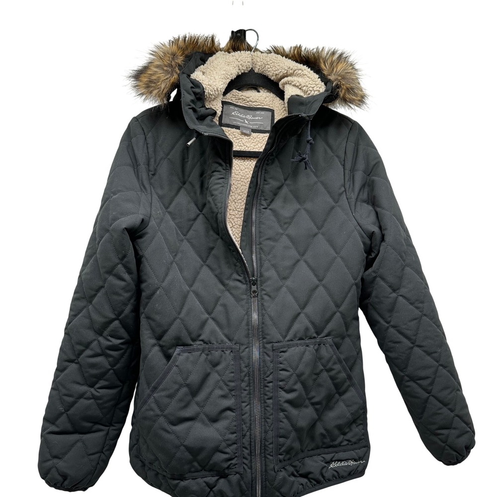 Eddie Bauer Womens Quilted Fur Hooded Sherpa Lined Puffer Jacket Black Size S‎